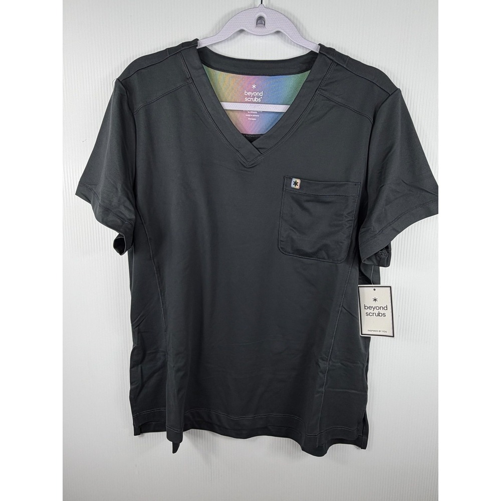 Beyond Scrubs Bliss Tuck-In V-Neck Top L Pewter Dark Gray Rainbow Mesh Trim